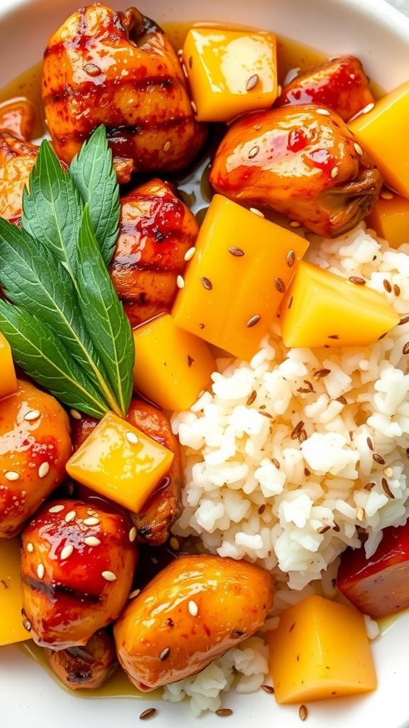 A bowl of pineapple teriyaki chicken with rice and mint leaves