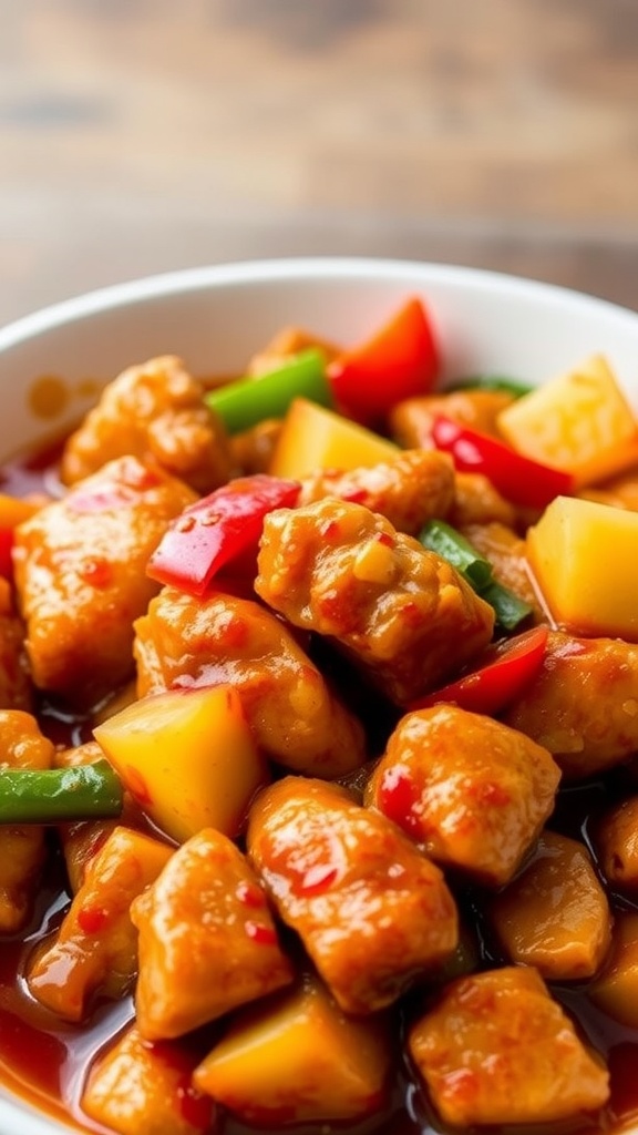 A bowl of sweet and sour chicken with peppers and pineapple.