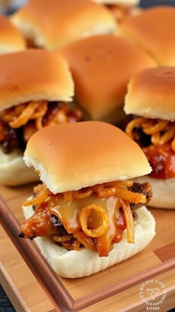 Delicious Smoky BBQ Chicken and Cheese Sliders on a wooden board