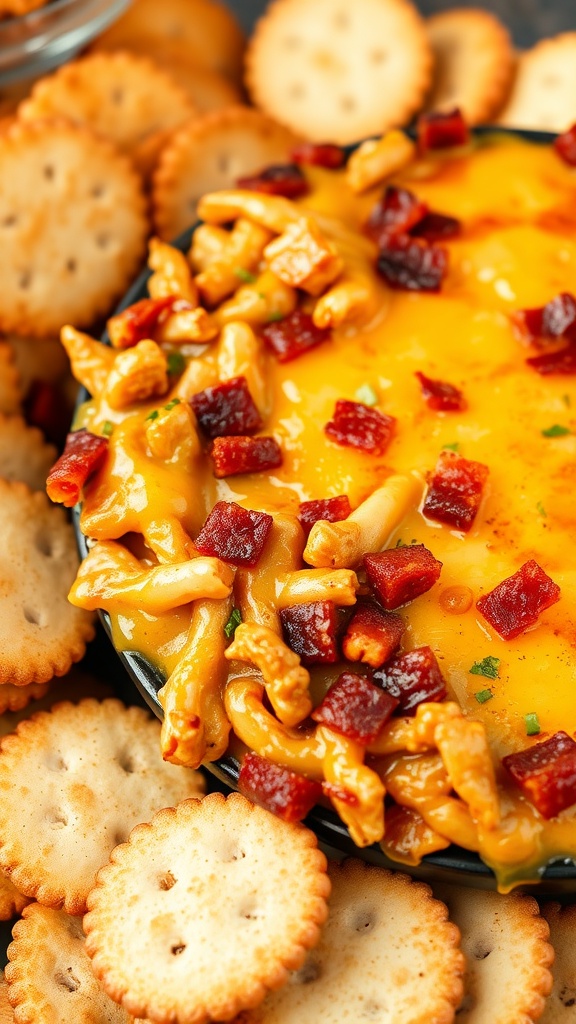 Bowl of Smoky BBQ Chicken Bacon Dip surrounded by crackers