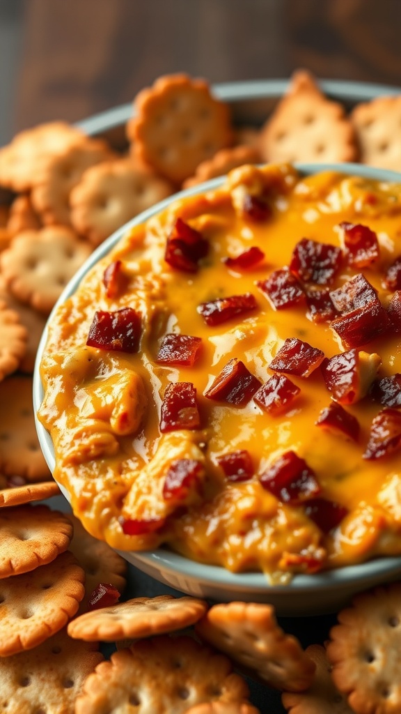 A bowl of smoky BBQ chicken bacon dip surrounded by crackers