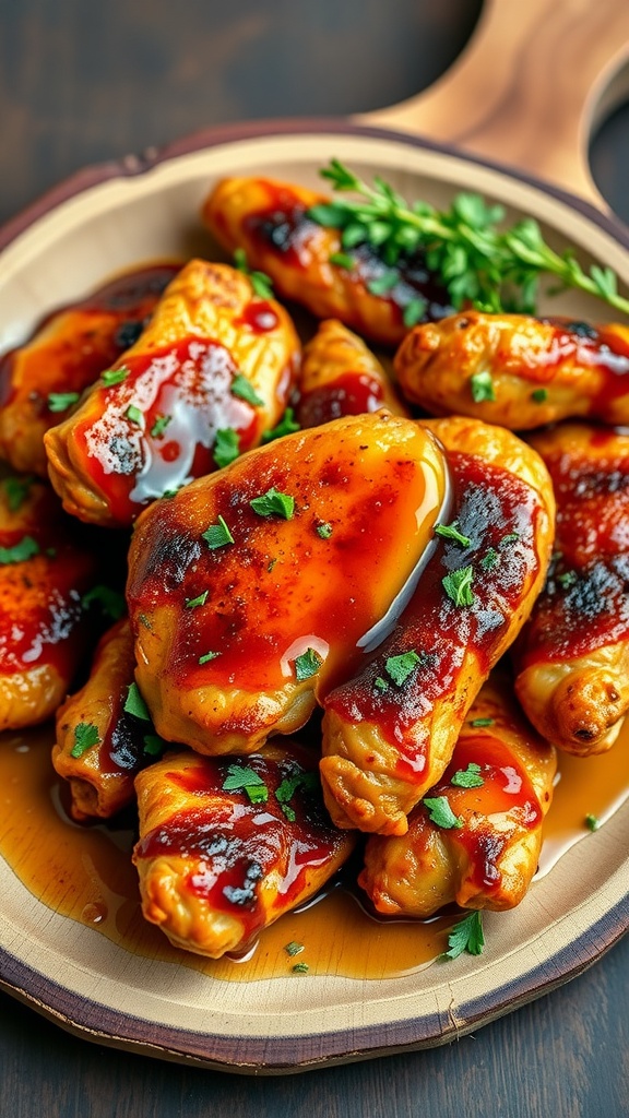 A plate of smoky paprika and honey glazed chicken tenders garnished with parsley.