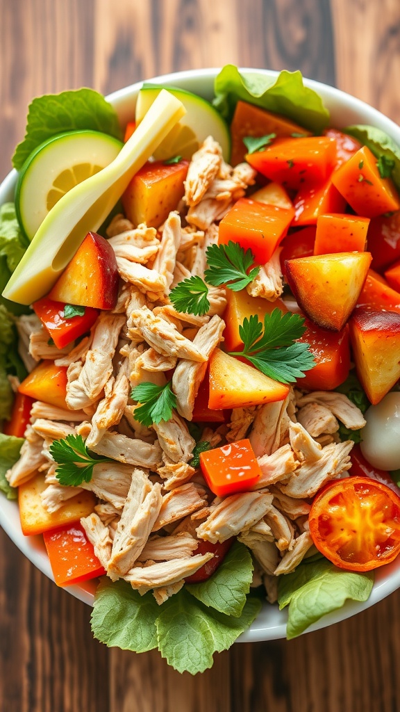 A vibrant bowl of Smoky Paprika Chicken Salad with shredded chicken, colorful peppers, and greens.