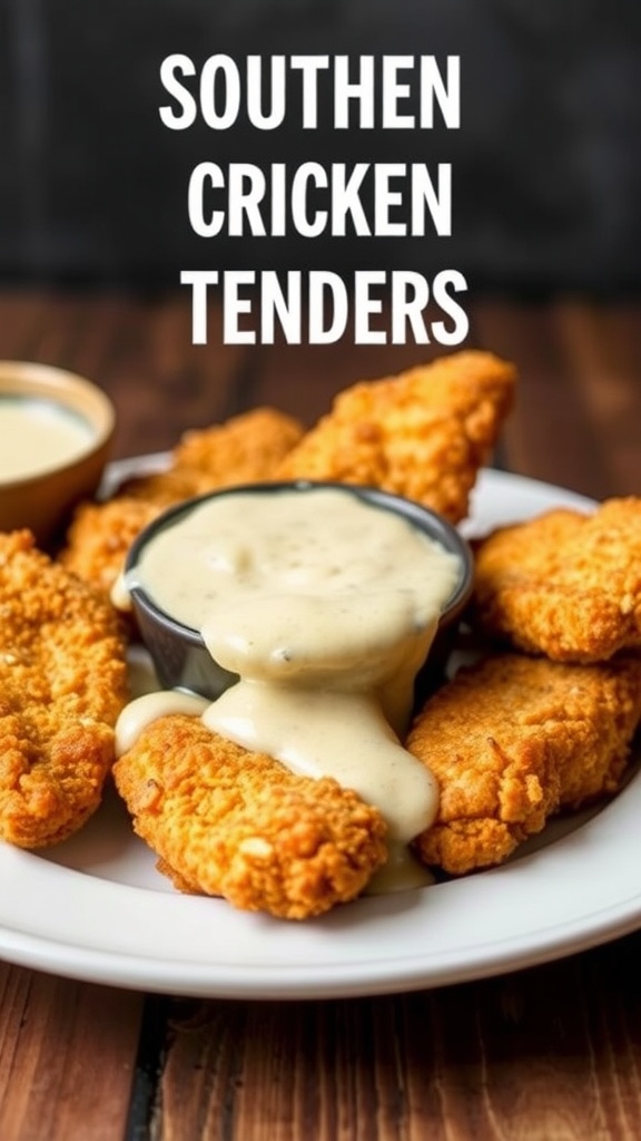 Plate of Southern-style crispy chicken tenders with dipping sauce