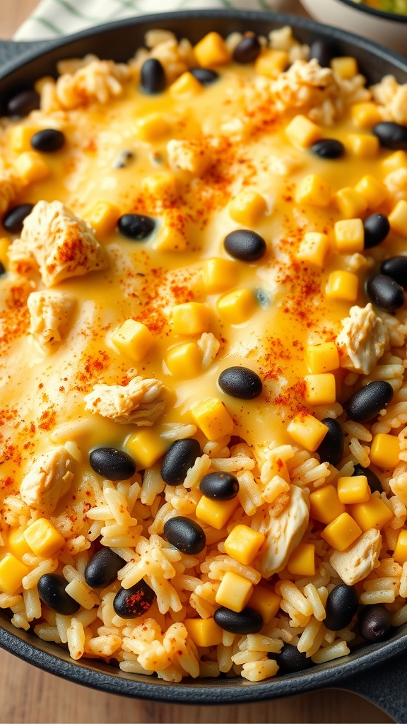 A delicious Southwest Chicken and Rice Casserole topped with melted cheese, black beans, and corn.