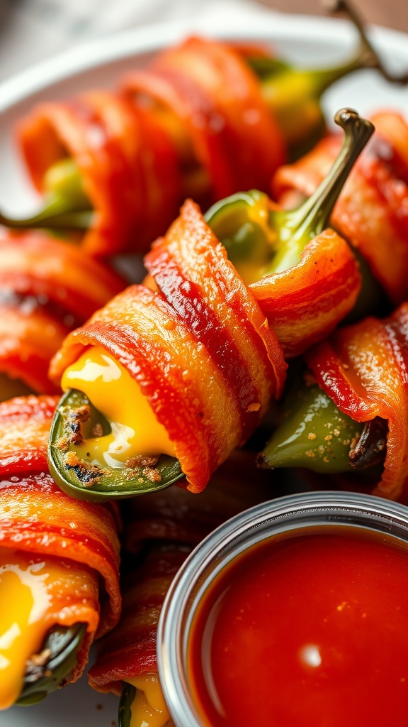 Spicy bacon-wrapped chicken jalapeño poppers on a plate with dipping sauce