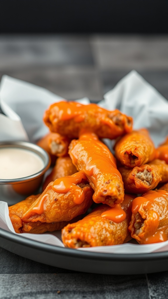 A plate of spicy buffalo chicken wings with a side of ranch dressing