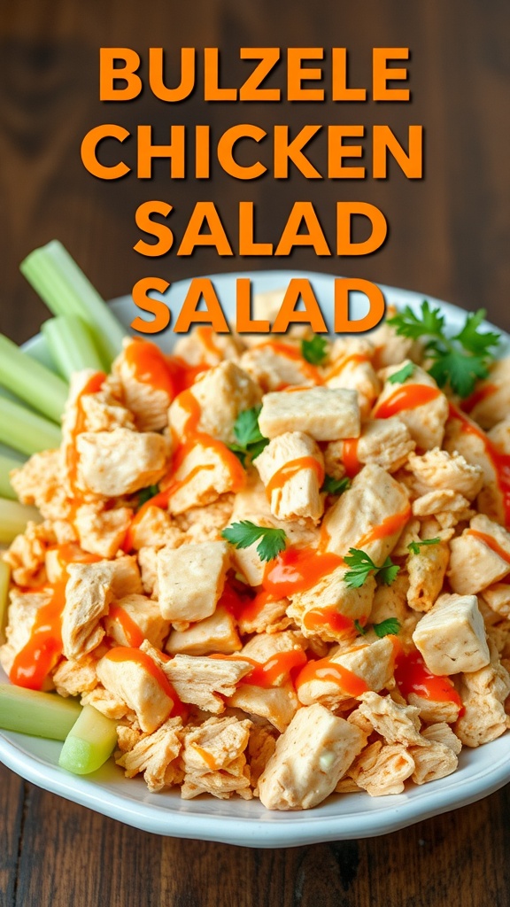 A bowl of Spicy Buffalo Chicken Salad with celery sticks and drizzled buffalo sauce.