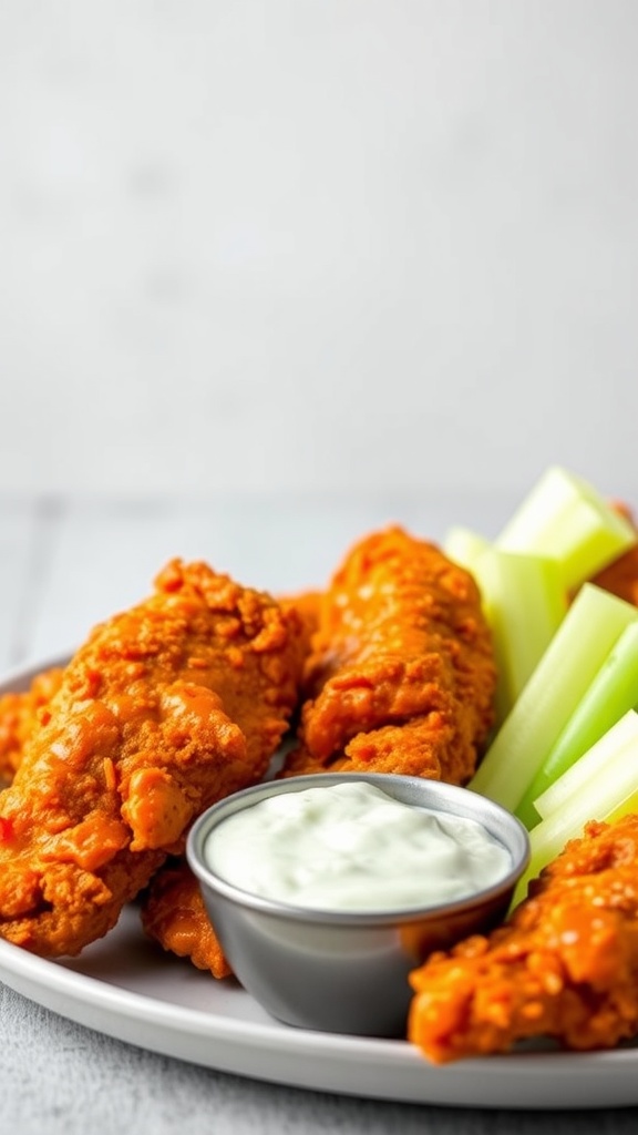 Plate of spicy buffalo chicken tenders with blue cheese dip and celery sticks.