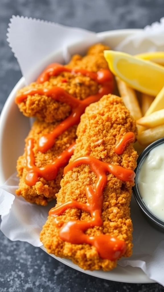 Crispy buffalo chicken tenders with spicy sauce and blue cheese dip