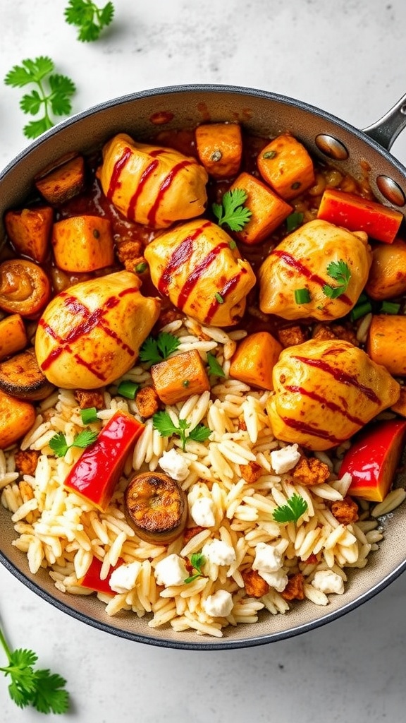 A colorful skillet featuring spicy Cajun chicken, orzo rice, sweet potatoes, and vegetables, topped with cilantro.