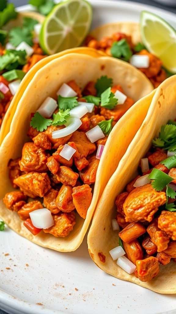 Delicious spicy chicken and chorizo tacos garnished with lime and cilantro