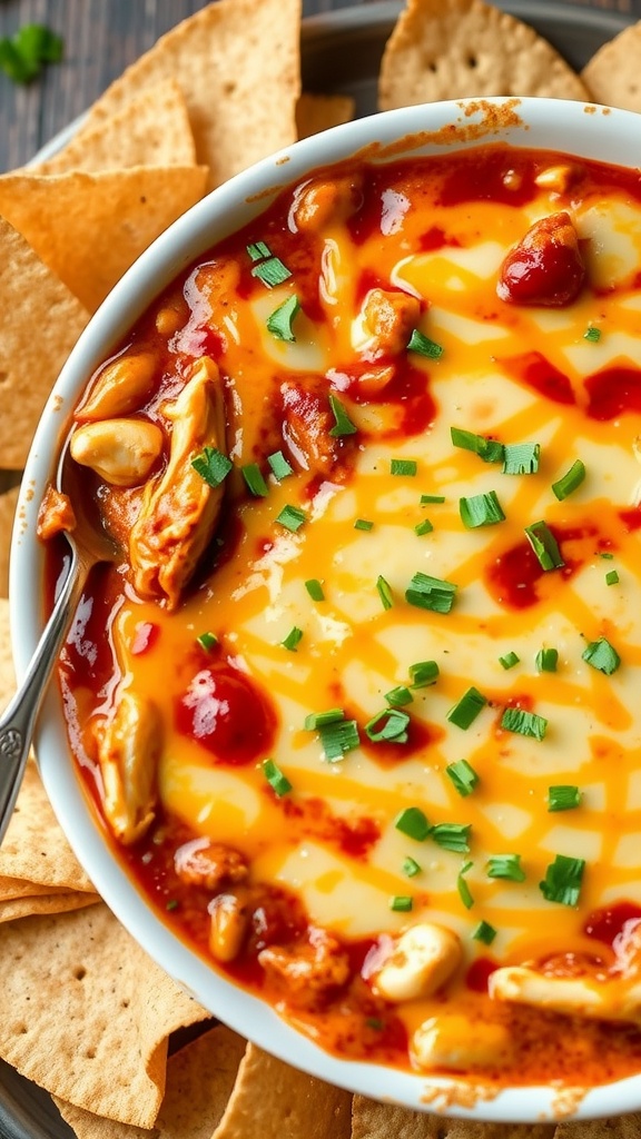 A bowl of spicy chicken enchilada dip with tortilla chips