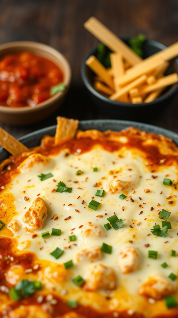 A delicious bowl of Spicy Chicken Enchilada Dip topped with cheese and herbs, served with tortilla chips.