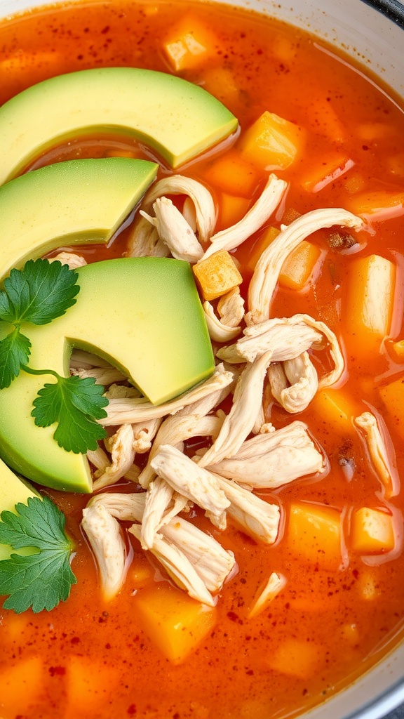 A bowl of spicy chicken tortilla soup topped with avocado slices and cilantro.