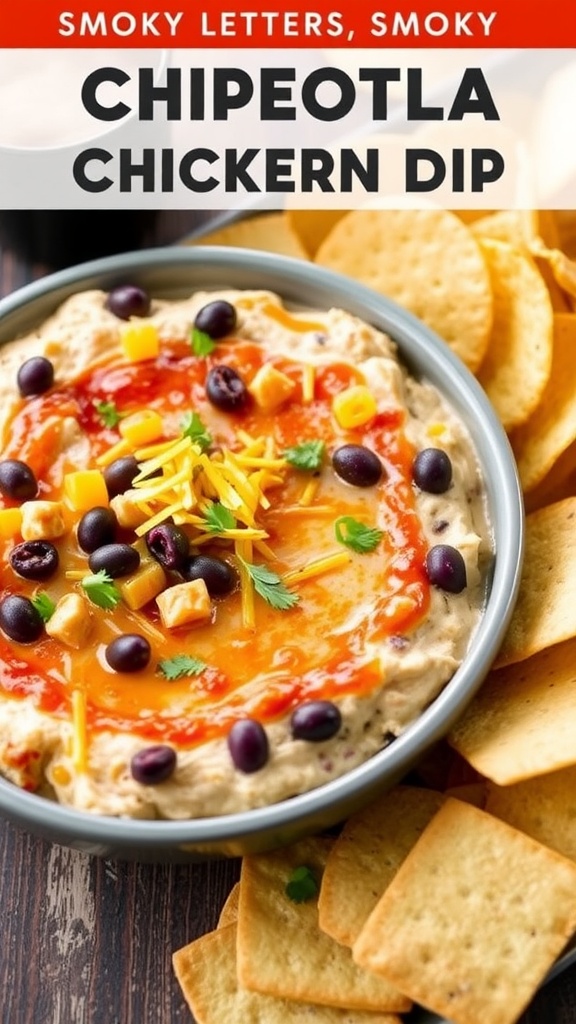 A bowl of spicy chipotle chicken and black bean dip surrounded by tortilla chips.