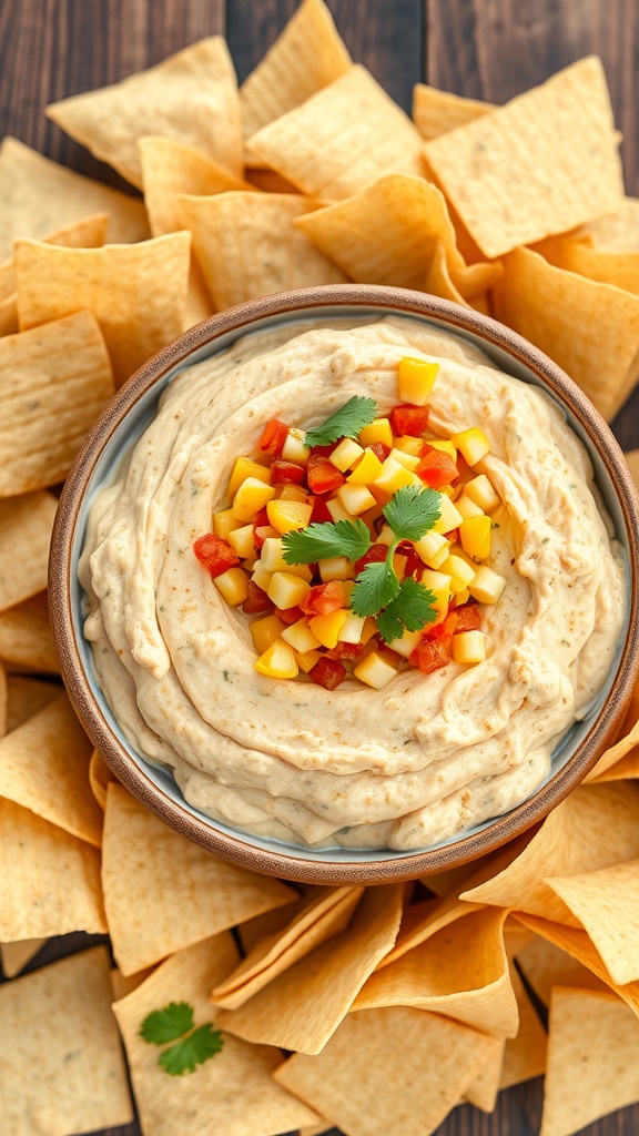 A bowl of spicy chipotle chicken and corn salsa dip topped with diced vegetables, surrounded by tortilla chips.