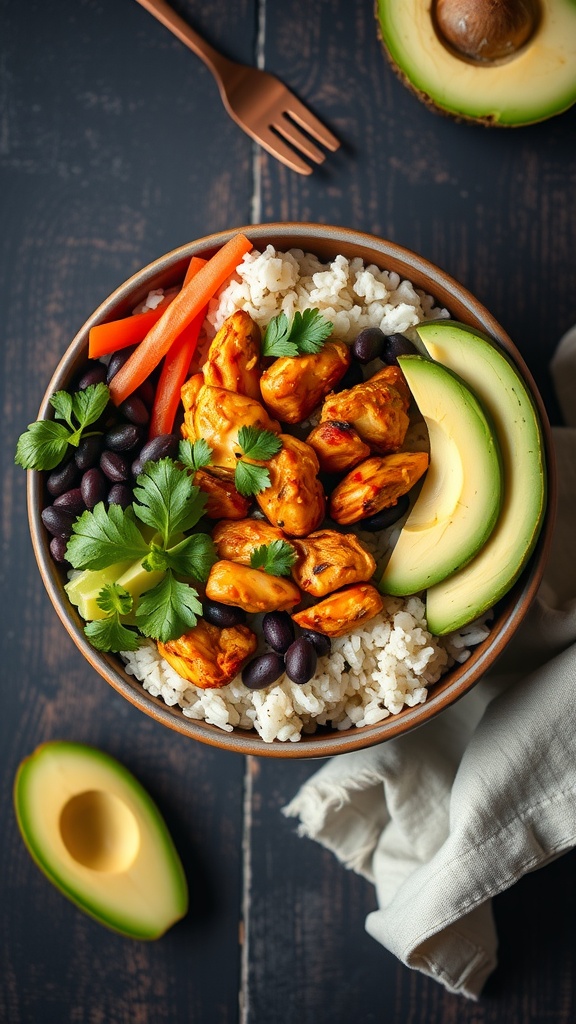 A bowl filled with spicy chipotle chicken, rice, black beans, sliced avocado, and carrot sticks