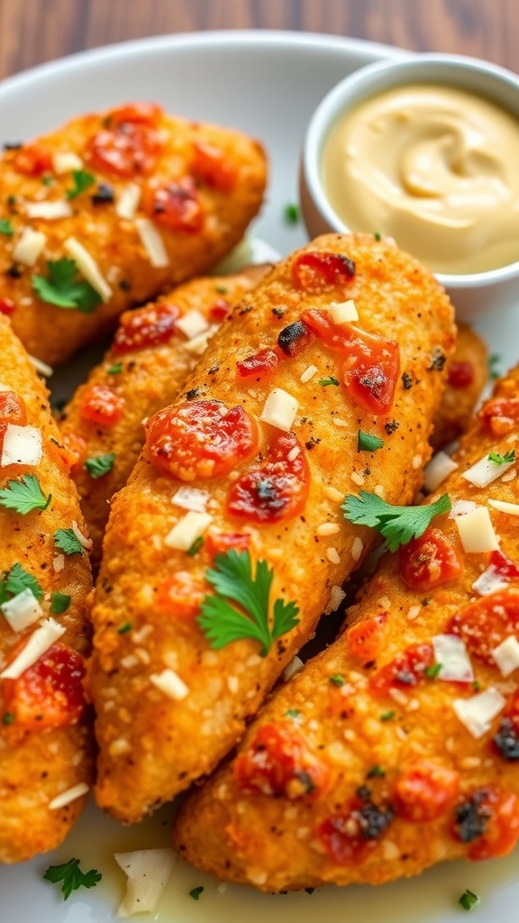 Plate of spicy garlic parmesan chicken tenders with dipping sauce