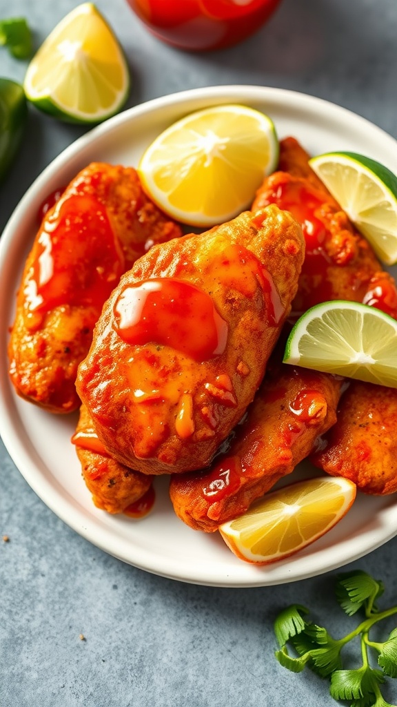 Spicy Hot Honey Sriracha Chicken Tenders on a plate with lemon and lime wedges