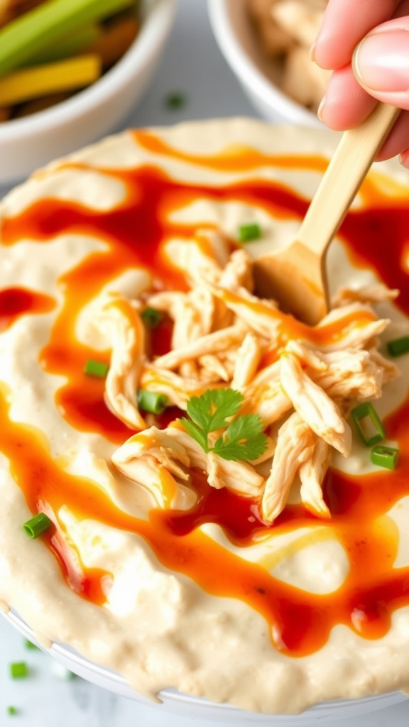 A creamy dip topped with shredded chicken, drizzled with spicy sauce and garnished with green onions and cilantro.