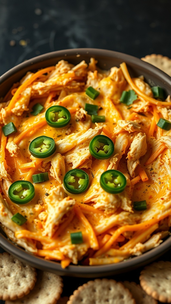 Baked Spicy Jalapeño Chicken Dip topped with jalapeño slices and served with crackers