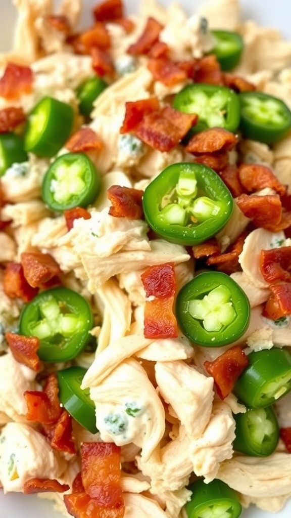 A close-up of Spicy Jalapeño Popper Chicken Salad with shredded chicken, bacon bits, and jalapeño slices.