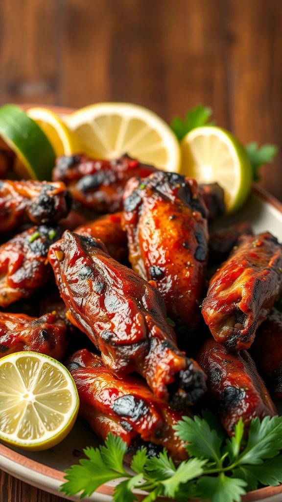 Platter of Spicy Jamaican Jerk Air Fryer Chicken Wings garnished with lime, lemon, and parsley.