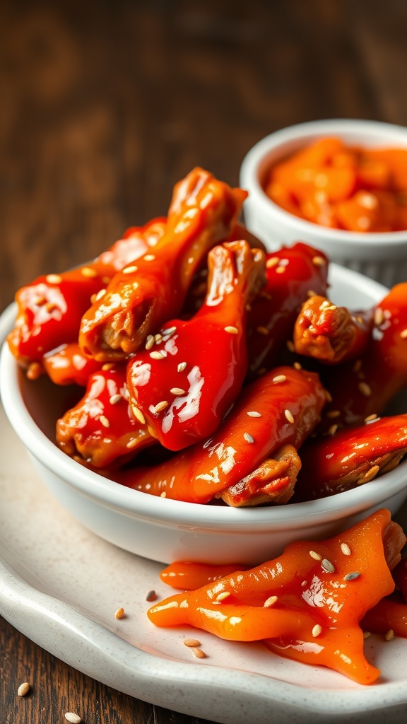 A bowl of Spicy Korean Gochujang Chicken Wings, glazed in a shiny red sauce with sesame seeds sprinkled on top.