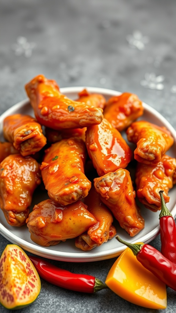 A plate of Spicy Mango Habanero Air Fryer Chicken Wings with a side of fresh chili peppers and mango.