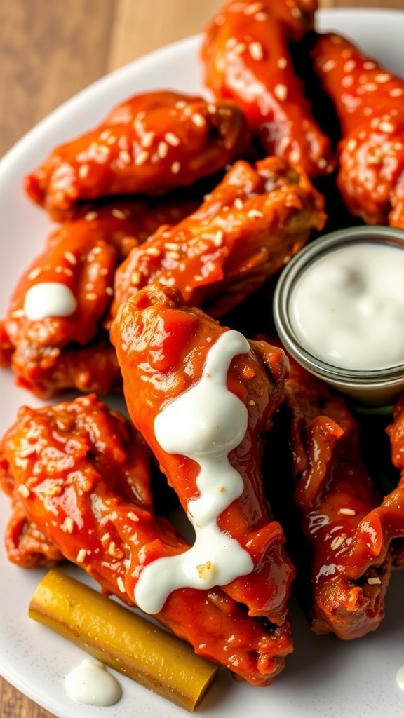 A plate of spicy Nashville hot air fryer wings drizzled with ranch dressing, garnished with sesame seeds.