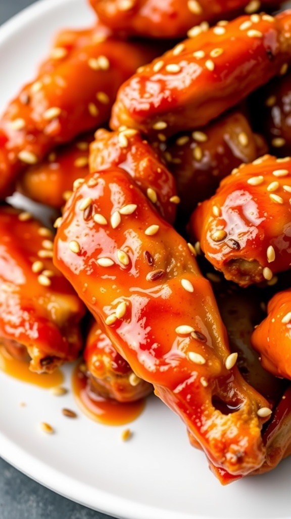 Plate of spicy Sriracha honey chicken wings garnished with sesame seeds