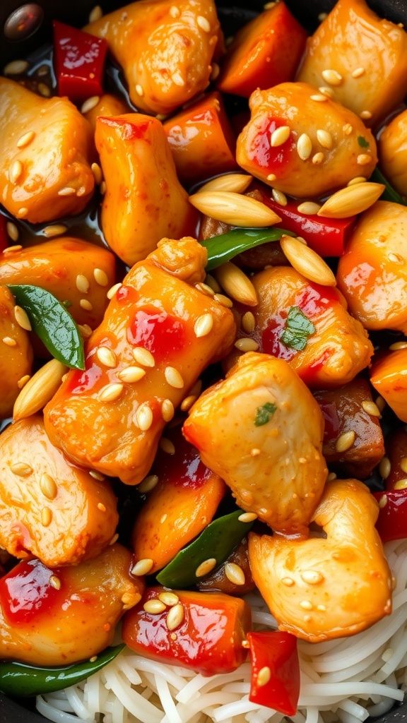 A colorful dish of spicy yuzu chicken stir-fry with sesame seeds, featuring chunks of chicken, red bell peppers, and a glossy sauce served over rice.