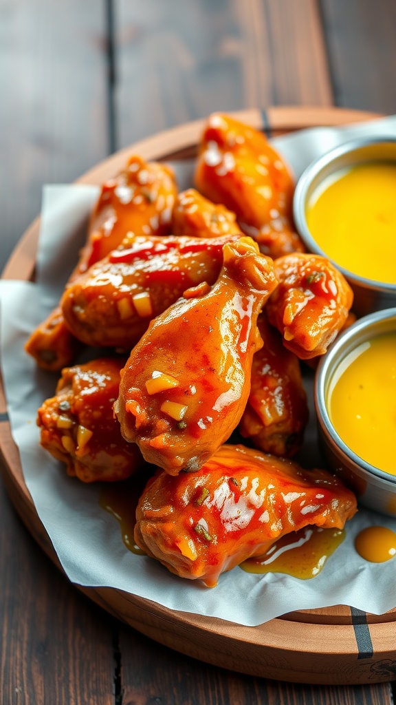 A plate of sticky honey mustard chicken wings with dipping sauce on the side.