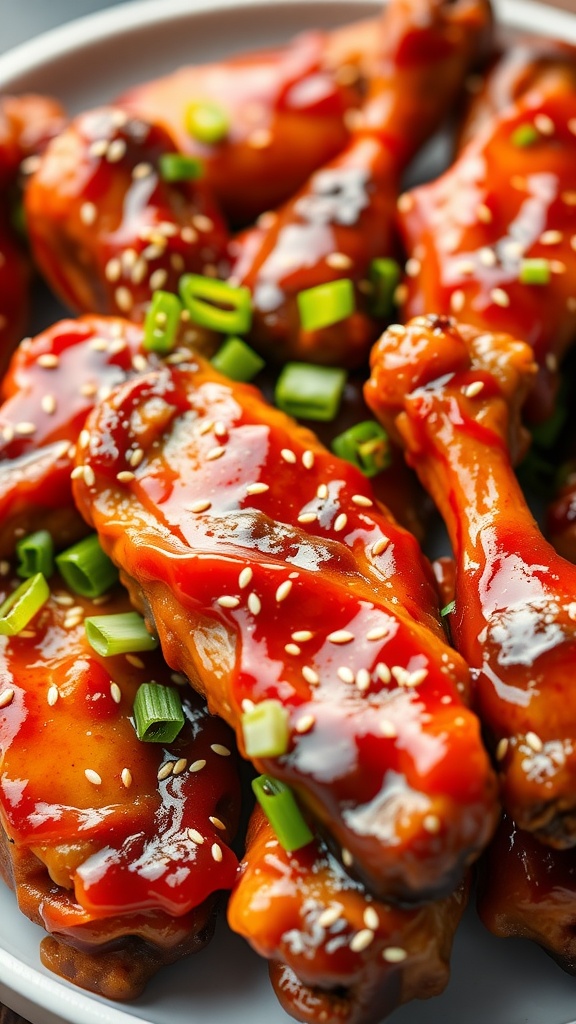 A close-up of sticky Korean BBQ chicken wings garnished with sesame seeds and green onions.