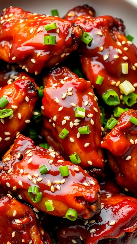 A close-up of sticky Korean BBQ chicken wings garnished with green onions and sesame seeds