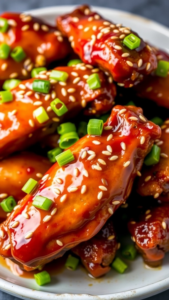 Plate of sticky soy garlic chicken wings topped with sliced green onions and sesame seeds.