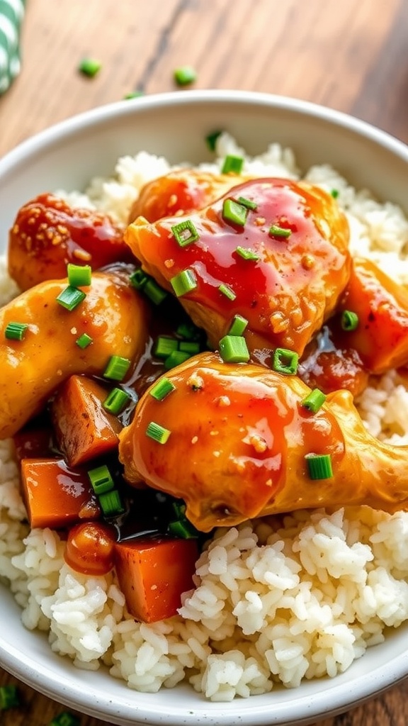 Sweet and savory honey garlic chicken served over rice with green onions and vegetables.