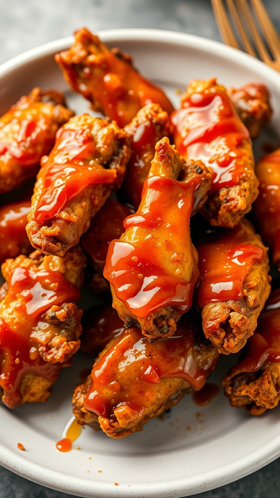 Plate of sweet and spicy air fryer chicken wings with sauce