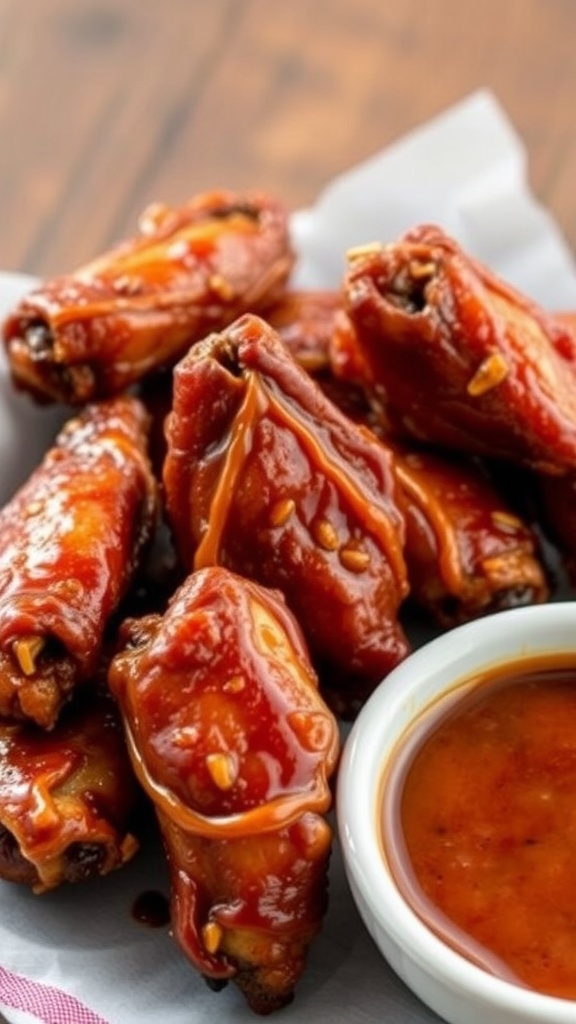 A plate of sweet and spicy brown sugar chili wings with a dipping sauce on the side.