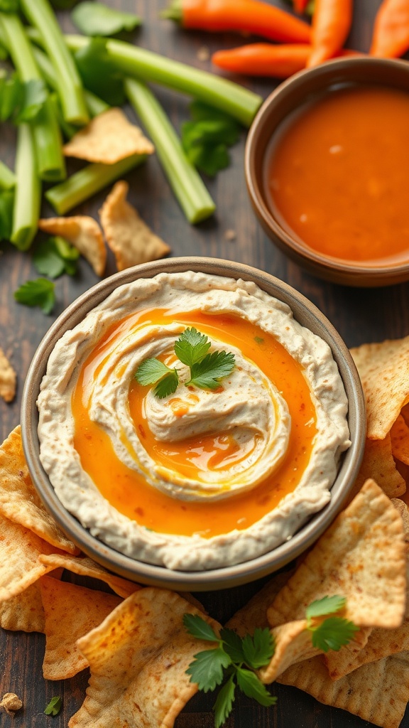 A bowl of Sweet and Spicy Thai Chicken Dip topped with a swirl of sauce, surrounded by chips and fresh ingredients.