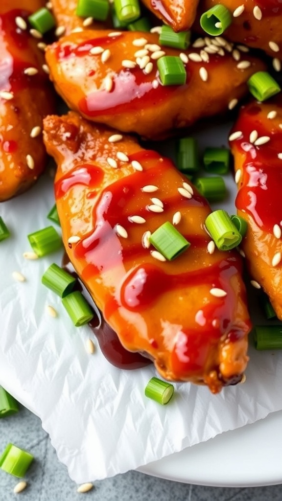 Sweet and Sticky Teriyaki Chicken Tenders garnished with green onions and sesame seeds