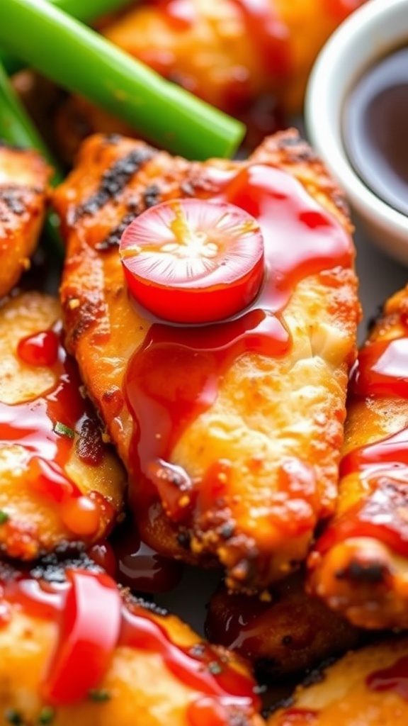 Sweet and sticky teriyaki chicken tenders drizzled with sauce and garnished with green onions and cherry tomatoes.