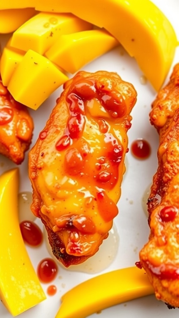 Juicy chicken tenders glazed with sweet chili sauce and accompanied by fresh mango slices