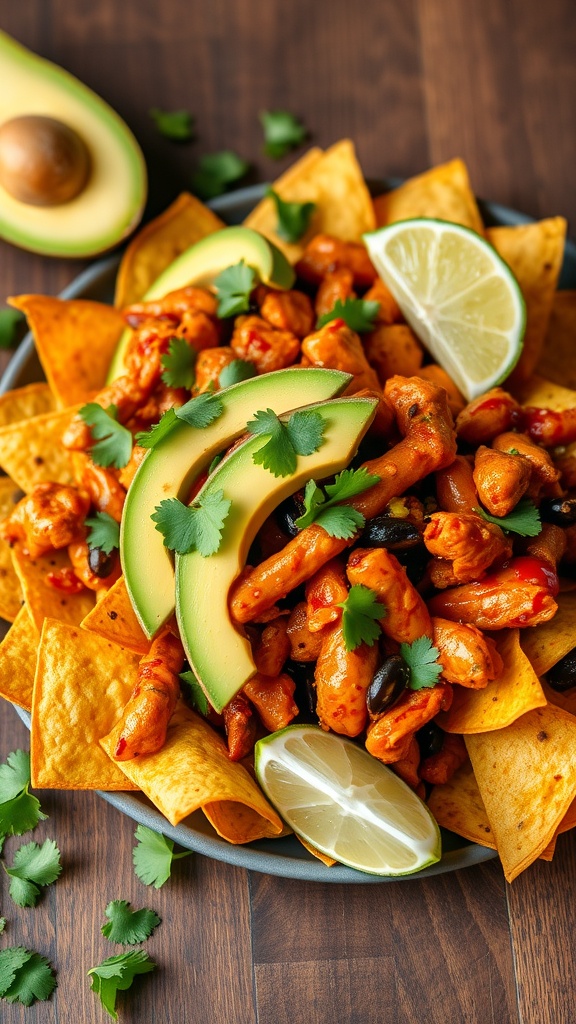 A plate of Sweet Chili Chicken Nachos topped with avocado, lime, and cilantro.