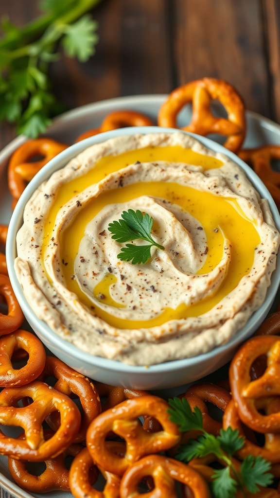 A bowl of Tangy Honey Mustard Chicken Dip with pretzels and cilantro.