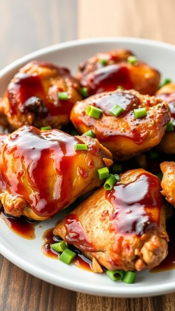 A plate of teriyaki glazed air fryer chicken thighs garnished with green onions.