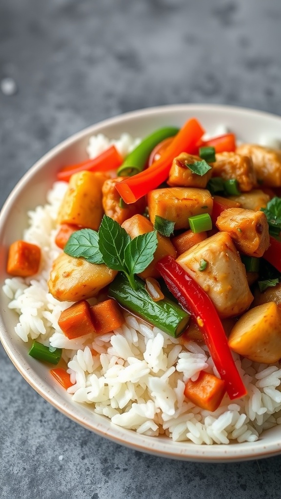 A bowl of Thai Chicken and Jasmine Rice Stir-Fry with colorful vegetables.