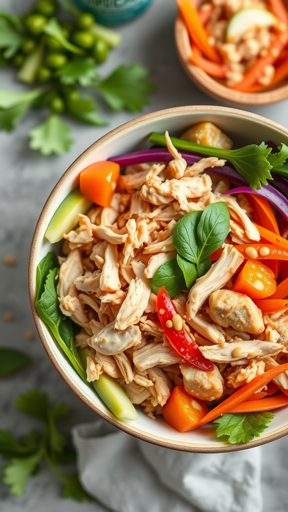 A colorful bowl of Thai Peanut Chicken Salad with fresh vegetables and shredded chicken.