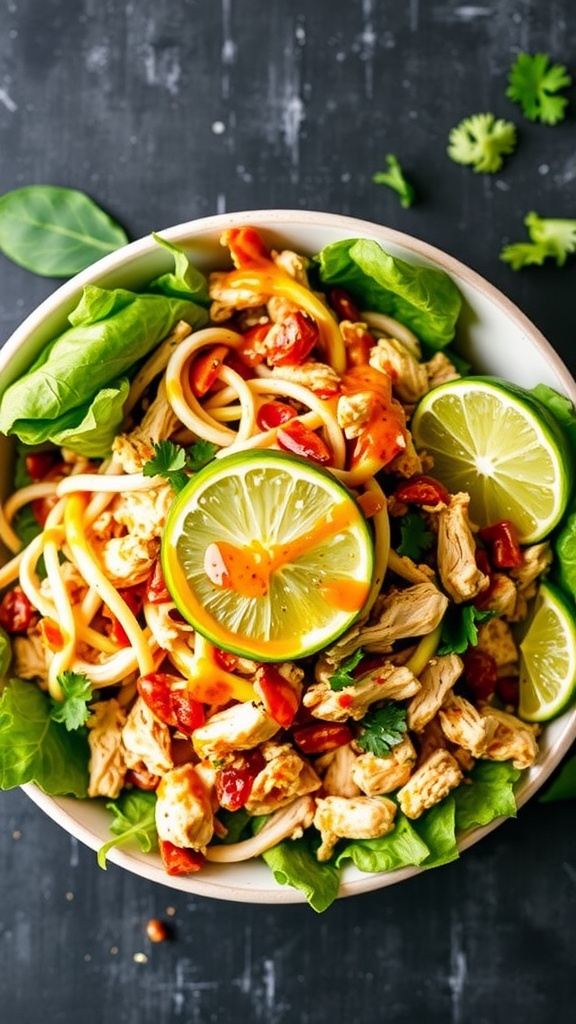 A bowl of Zesty Chipotle Lime Chicken Salad with chicken, lime slices, and greens